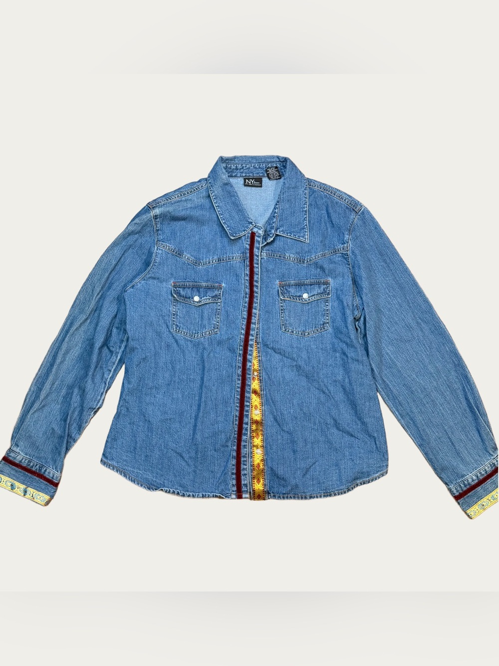 Women's NY & Co. Snap Front Brocade/Velvet Trim Vintage Jean Denim Shirt XL